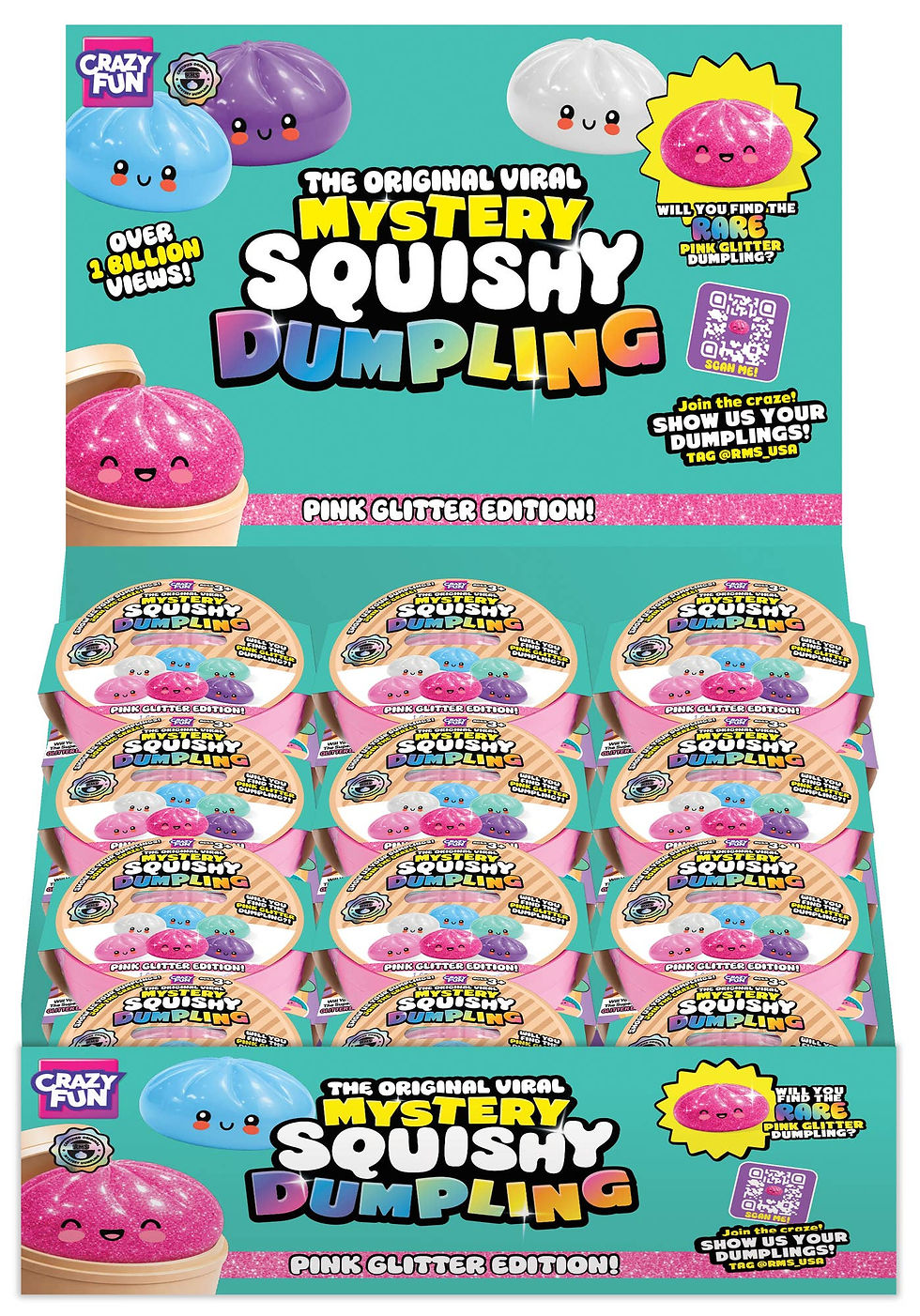 RMS Mystery Squishy Dumpling Pink Glitter Edition retail display featuring rare pink glitter dumpling