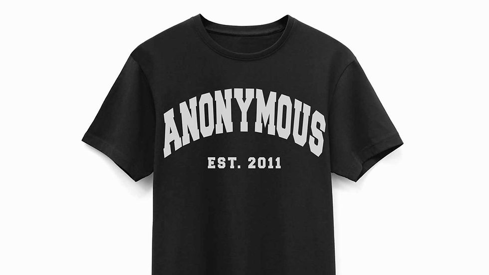 Black T-shirt with "ANONYMOUS EST. 2011" in bold white letters, centered on a plain white background. Minimalist and casual vibe.