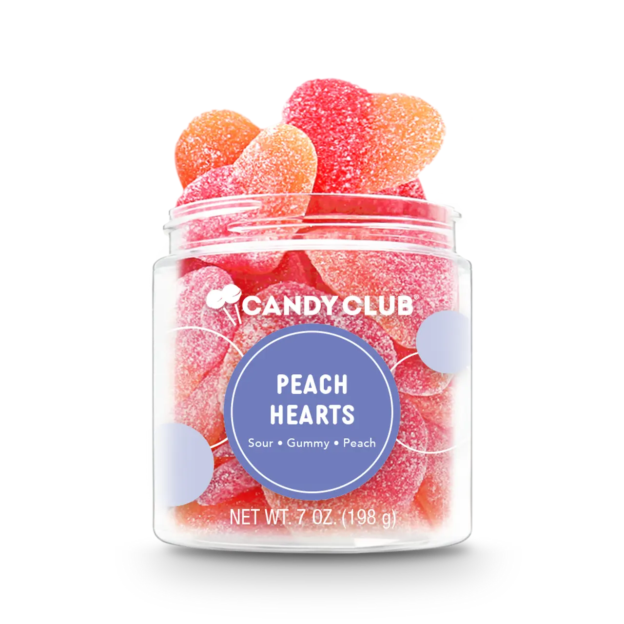 Peach heart gummy candy in jar.