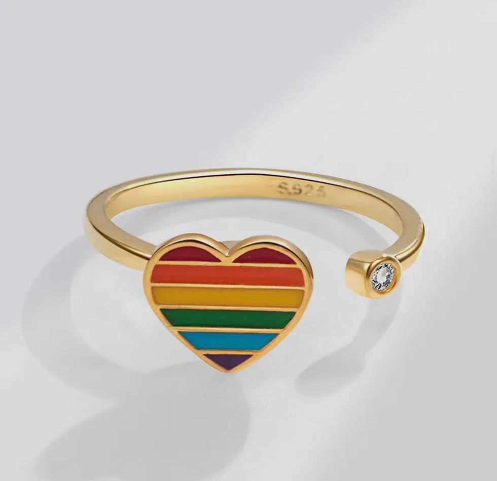 Thumbnail: Rainbow Heart Fidget Spinner Ring in 925 Sterling Silver