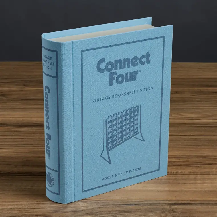 Blue faux vintage book with connect four inside.