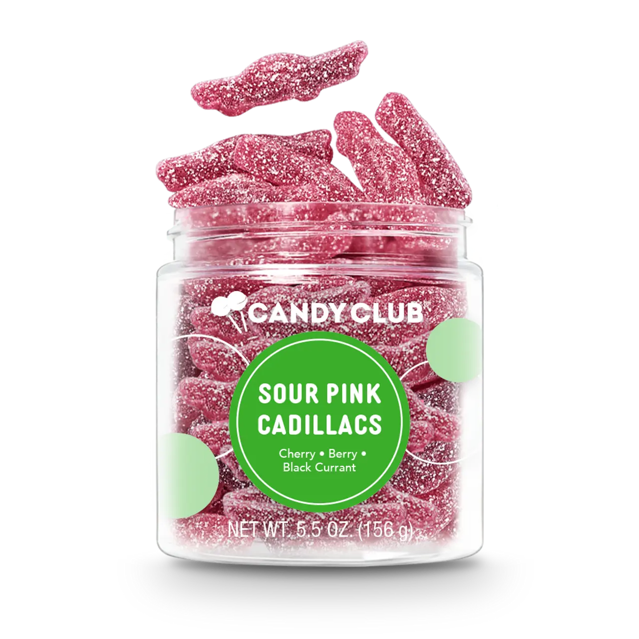 Sour pink Cadillac gummies in a jar