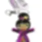 knit girl doll with brown hair in an updo, purple robe, and the 7 chakra knit on the chest