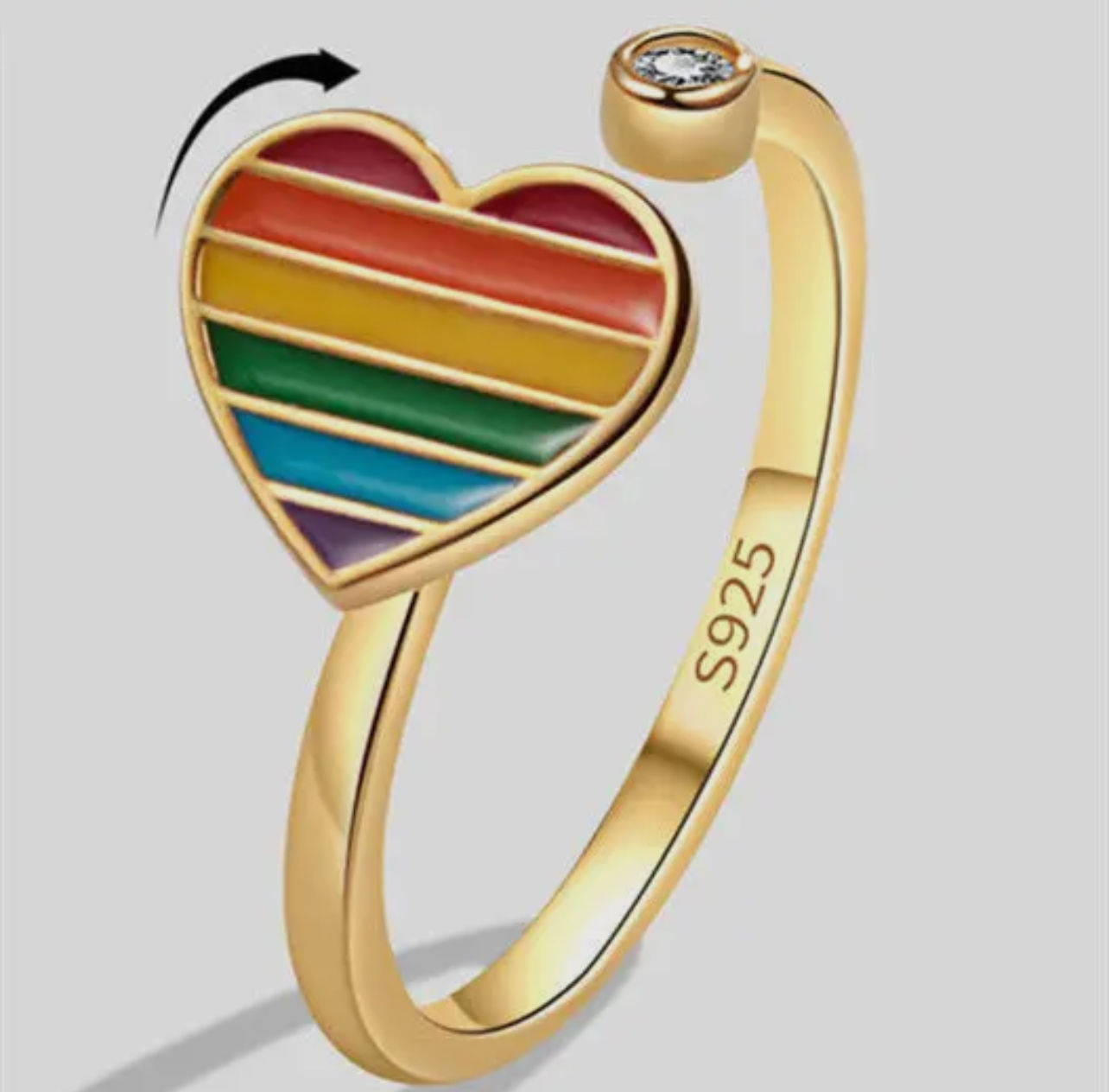 Rainbow Heart Fidget Spinner Ring in 925 Sterling Silver