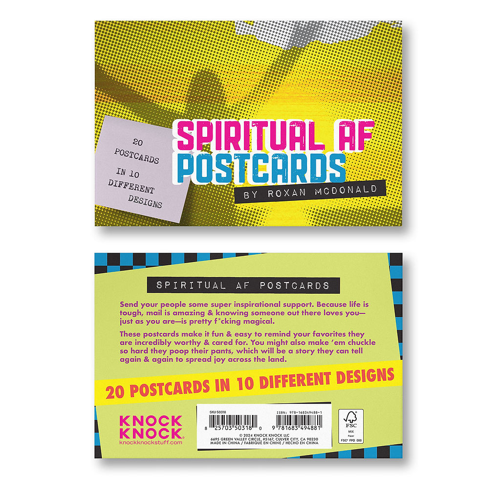 Thumbnail: Front and back packaging of a set of "Spiritual AF Postcards" by Roxan McDonald. The package is designed in vibrant yellow, p