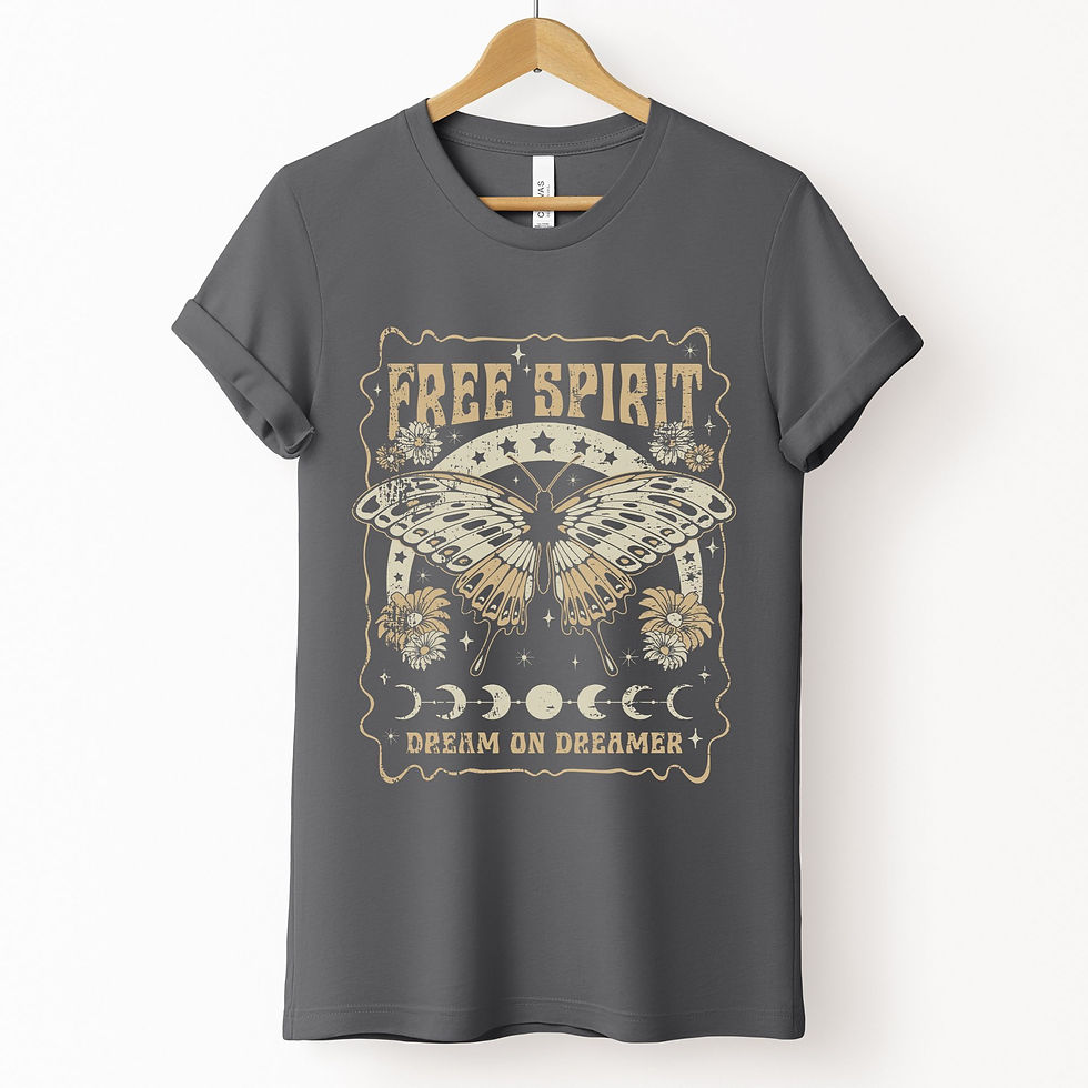 Charcoal gray t-shirt with butterfly and text “Free Spirit – Dream On Dreamer”