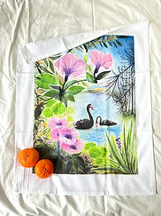 Narrabeen Lagoon watercolour printed on tea towel organic cotton