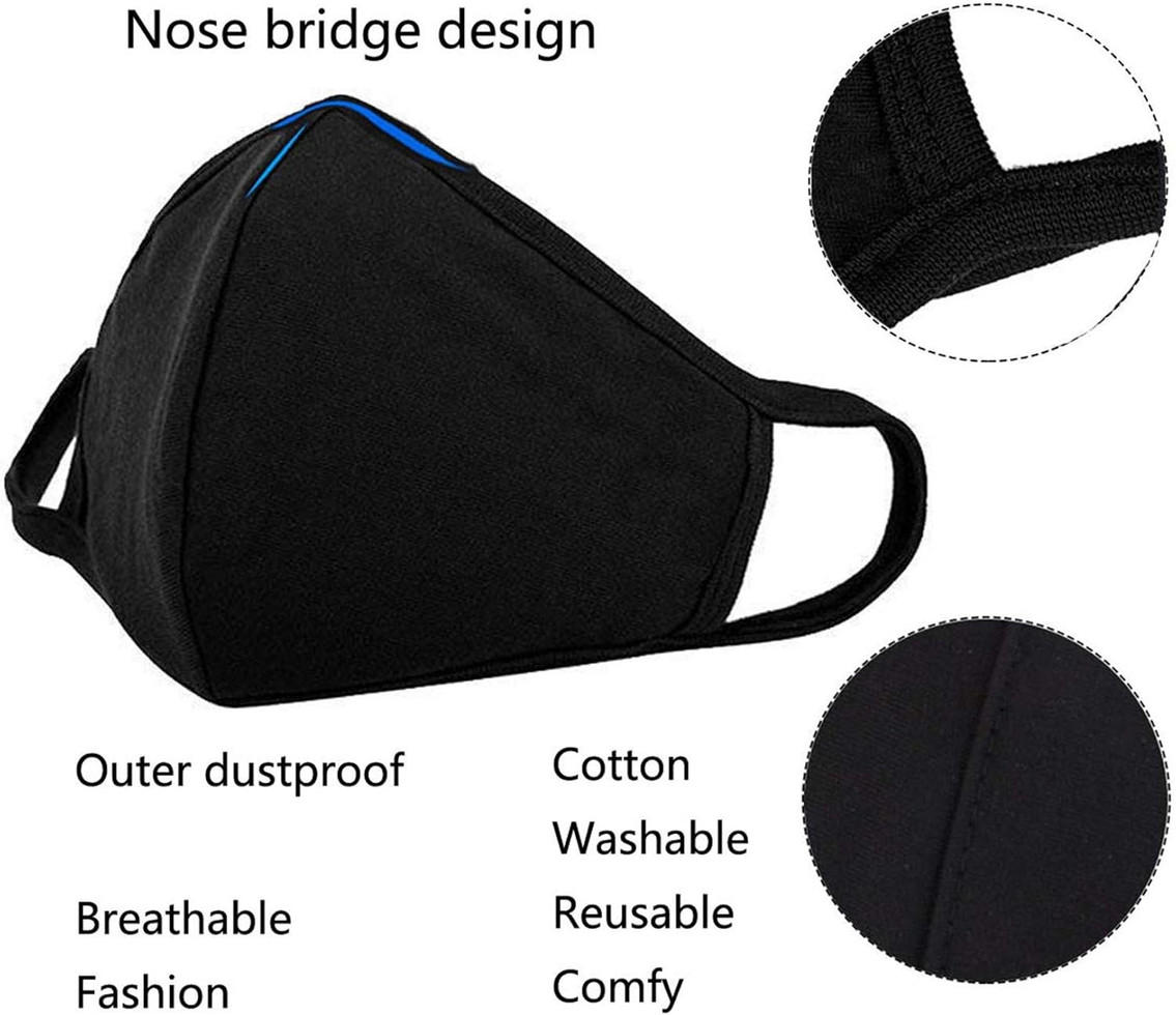 Black reusable cotton face mask with nose bridge design, breathable, washable, and dustproof.