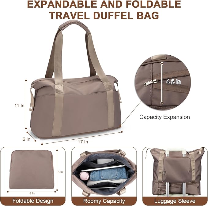 Expandable and foldable brown travel duffel bag with roomy capacity and luggage sleeve.