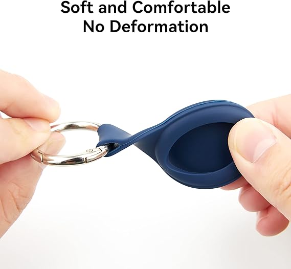 Flexible and soft blue Apple AirTag keychain holder being stretched.