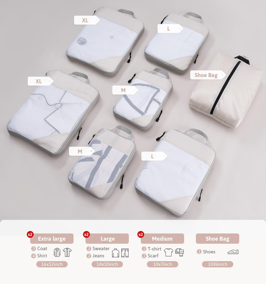 Packing cube set in multiple sizes including shoe bag, for shirts, sweaters, jeans, and travel essentials.