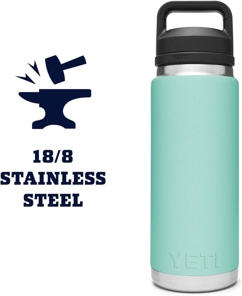 Light turquoise Yeti tumbler with black lid, labeled 18/8 stainless steel.