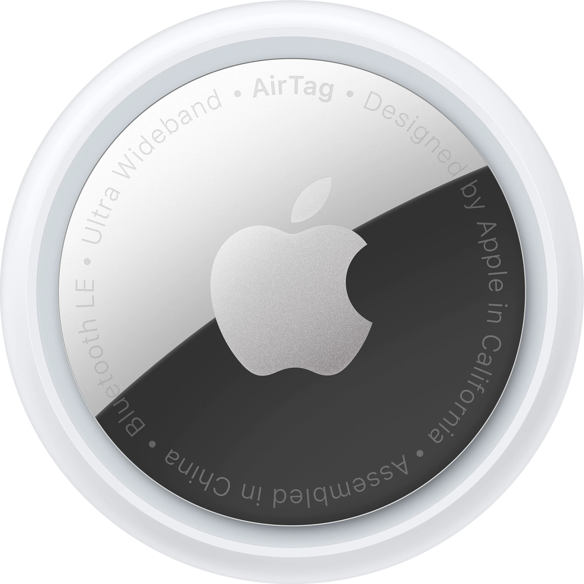 Apple AirTag tracker with silver face and logo.