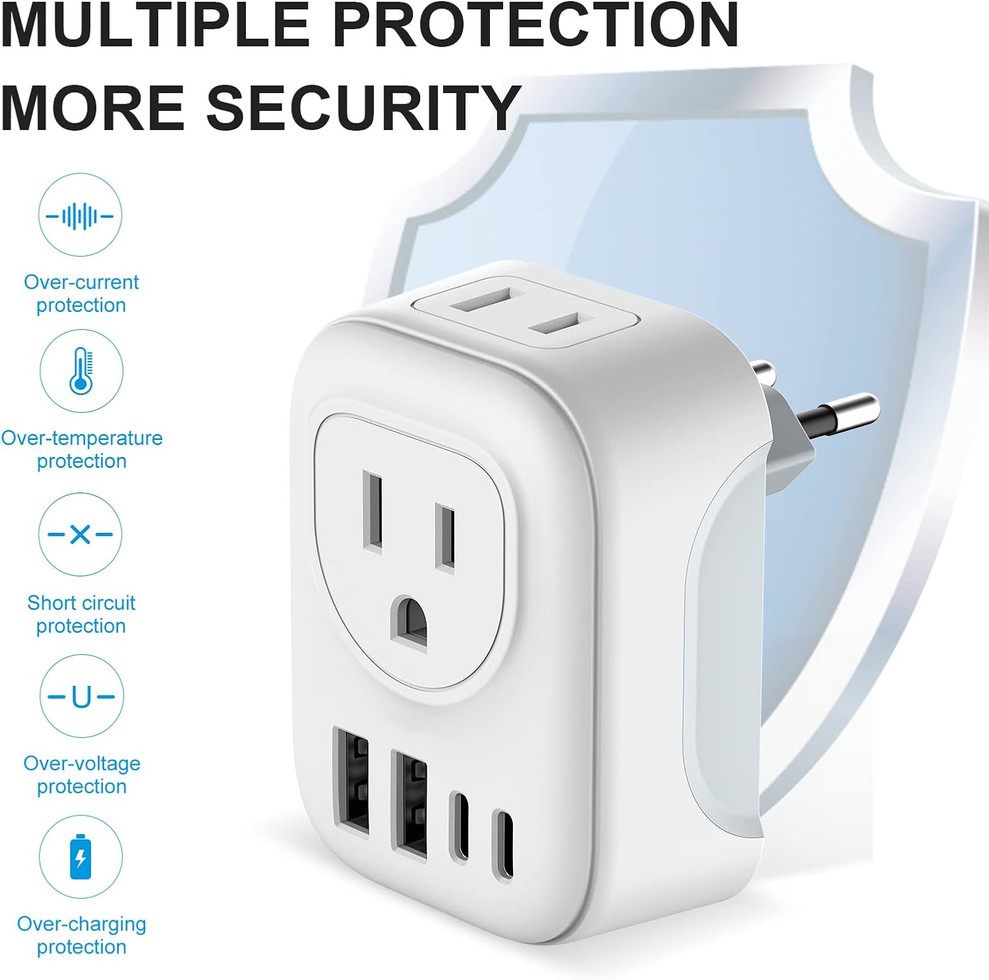 White travel adapter with multiple USB ports and built-in safety protections.