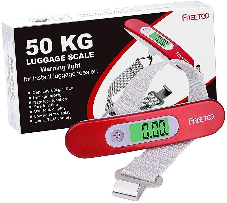 50 KG red digital luggage scale with strap and packaging box.