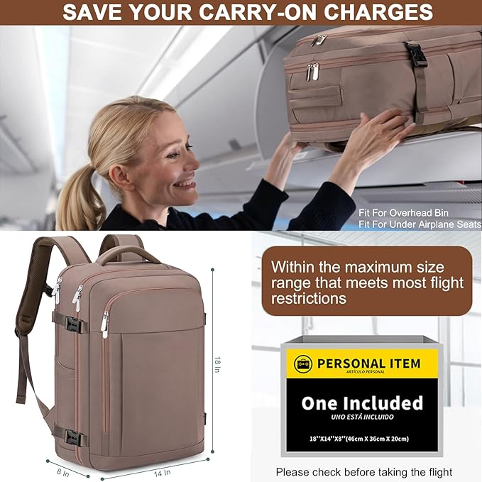 Traveler placing brown carry-on backpack in airplane overhead bin, meeting size limits.
