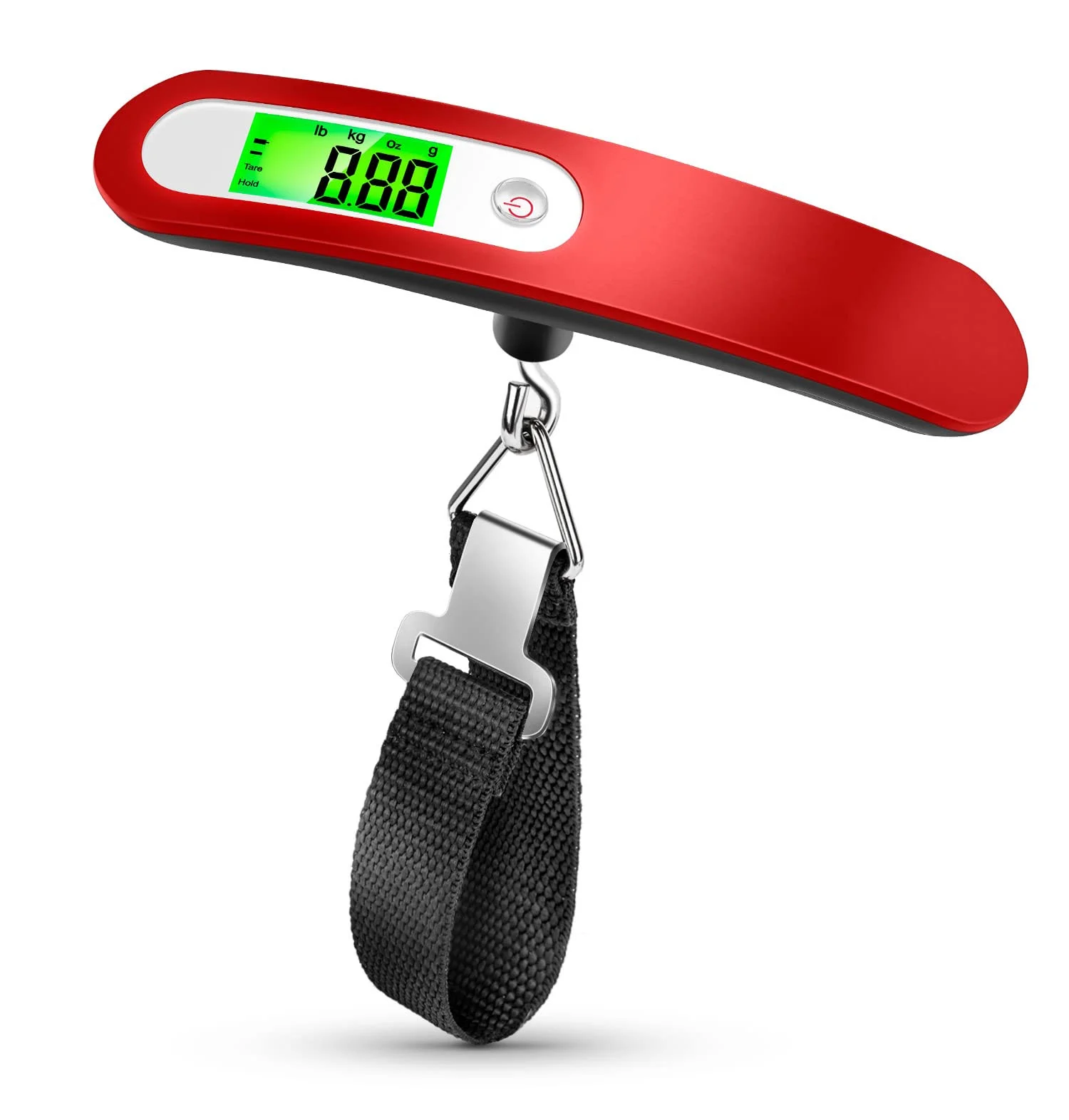 Red digital luggage scale with strap and LCD display.