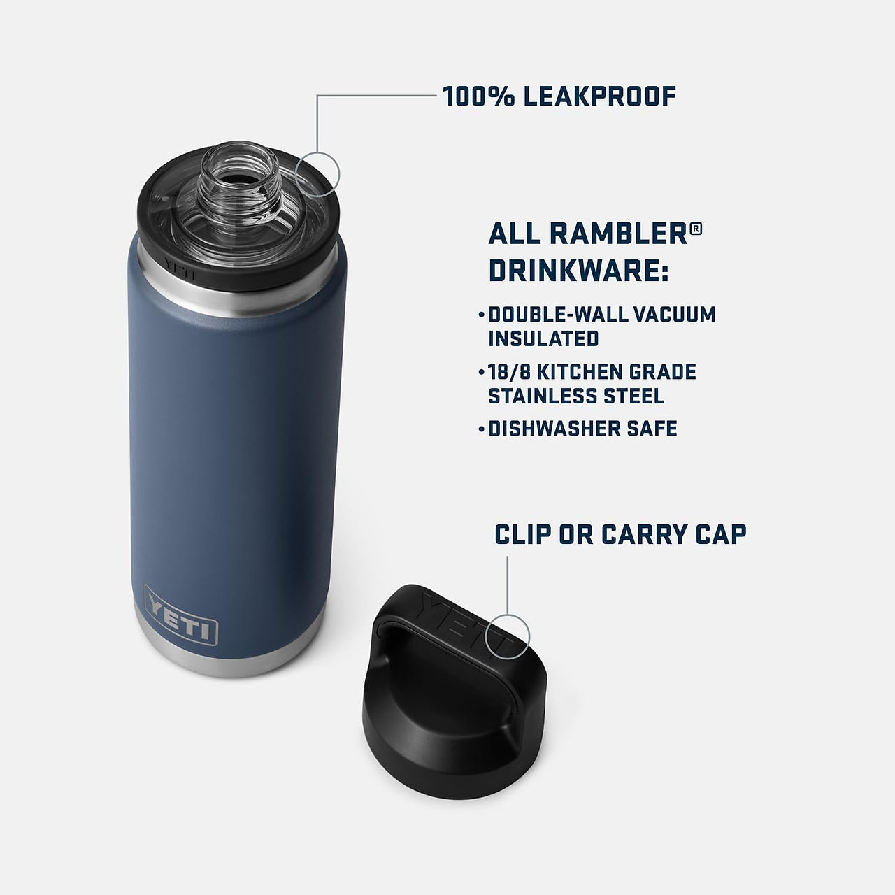 Dark blue insulated tumbler with black leakproof lid, featuring individual wall vacuum, triple insulation, stainless steel design, dishwasher safe, and clip or carry cap.