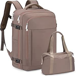Brown multi-compartment travel backpack with matching small handbag.