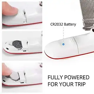 Close-up of CR2032 battery compartment in digital luggage scale.