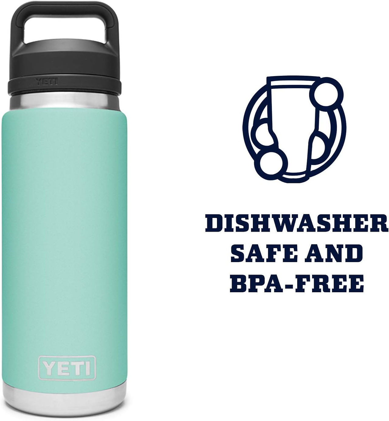 Light turquoise Yeti tumbler with black lid, featuring dishwasher-safe and BPA-free certification icon.