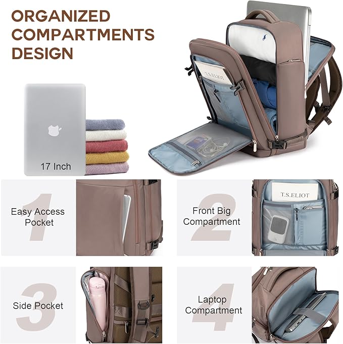 Brown travel backpack with organized compartments for laptop, file, and accessories.