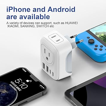 Universal travel adapter compatible with iPhone, Android, and multiple devices.