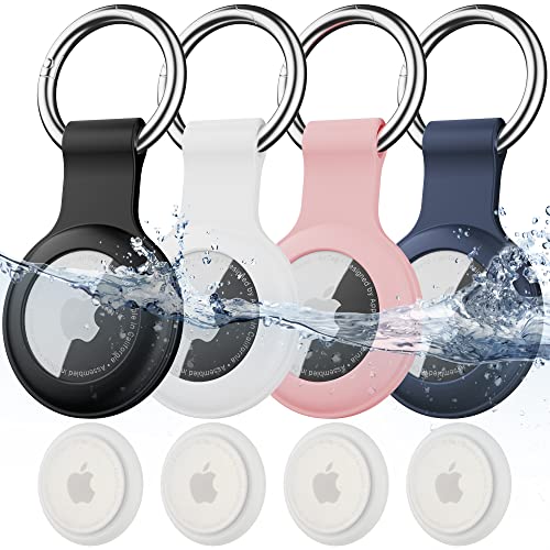 Water-resistant Apple AirTags with black, white, pink, and blue holders.