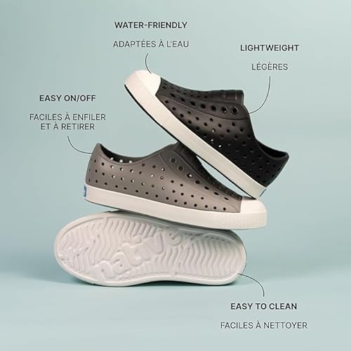 Stacked casual slip-on shoes with holes for ventilation, in shades of gray and black. Features include water-friendly, lightweight, easy to clean, easy on/off, and flexible outsole.