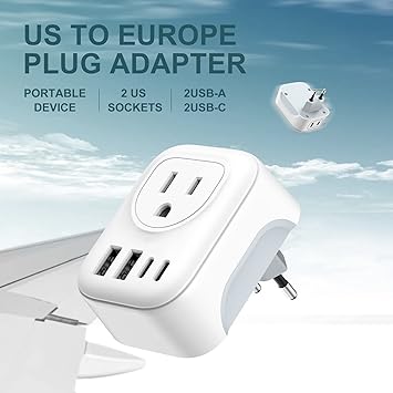 US to Europe plug adapter with 2 USB ports and 2 sockets.