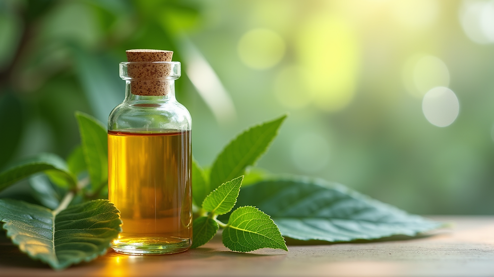 Close-up view of a glass bottle with organic serum and green leaves