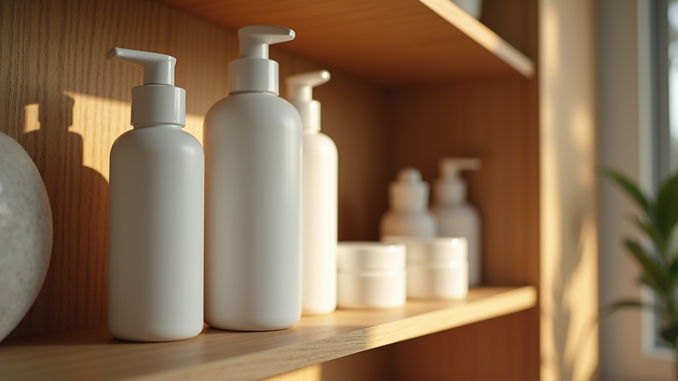 Eye-level view of a wooden shelf with organic skincare bottles