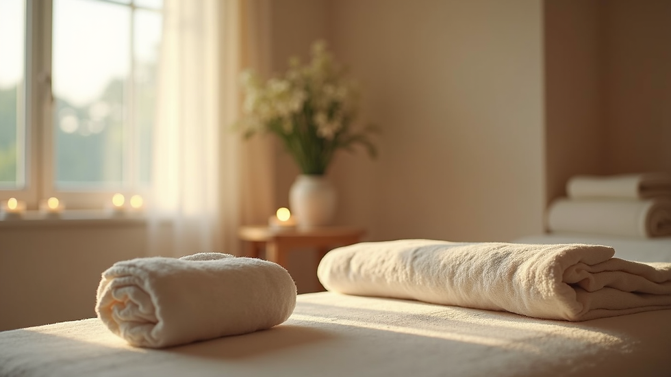 Eye-level view of a calm therapy room with Reiki setup
