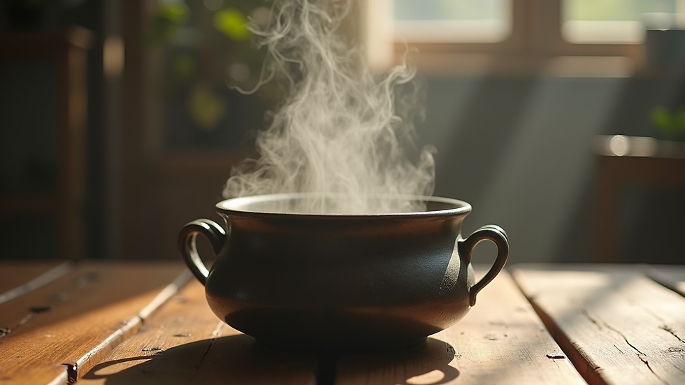 Eye-level view of a steaming herbal pot on a wooden table