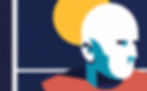 Illustration in style of 1960s minimalist graphic design of view of bald man creating cont