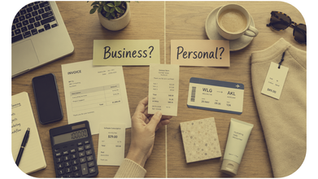 Top-down desk scene showing receipts, laptop, calculator and personal purchases, representing claimable business expenses in NZ.