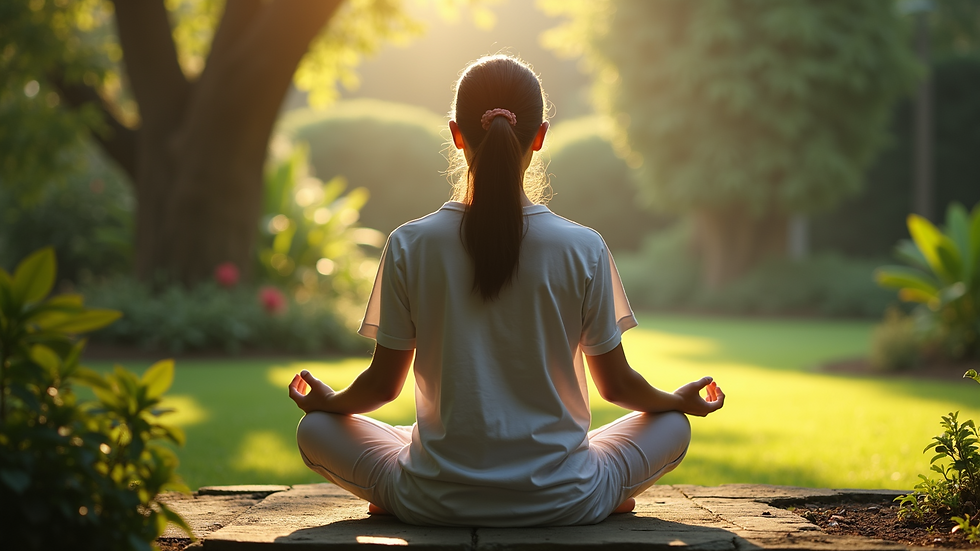 Close-up view of a person meditating in a peaceful garden