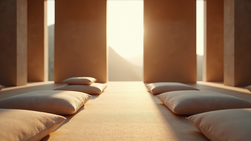 Eye-level view of a serene meditation space with cushions and soft lighting