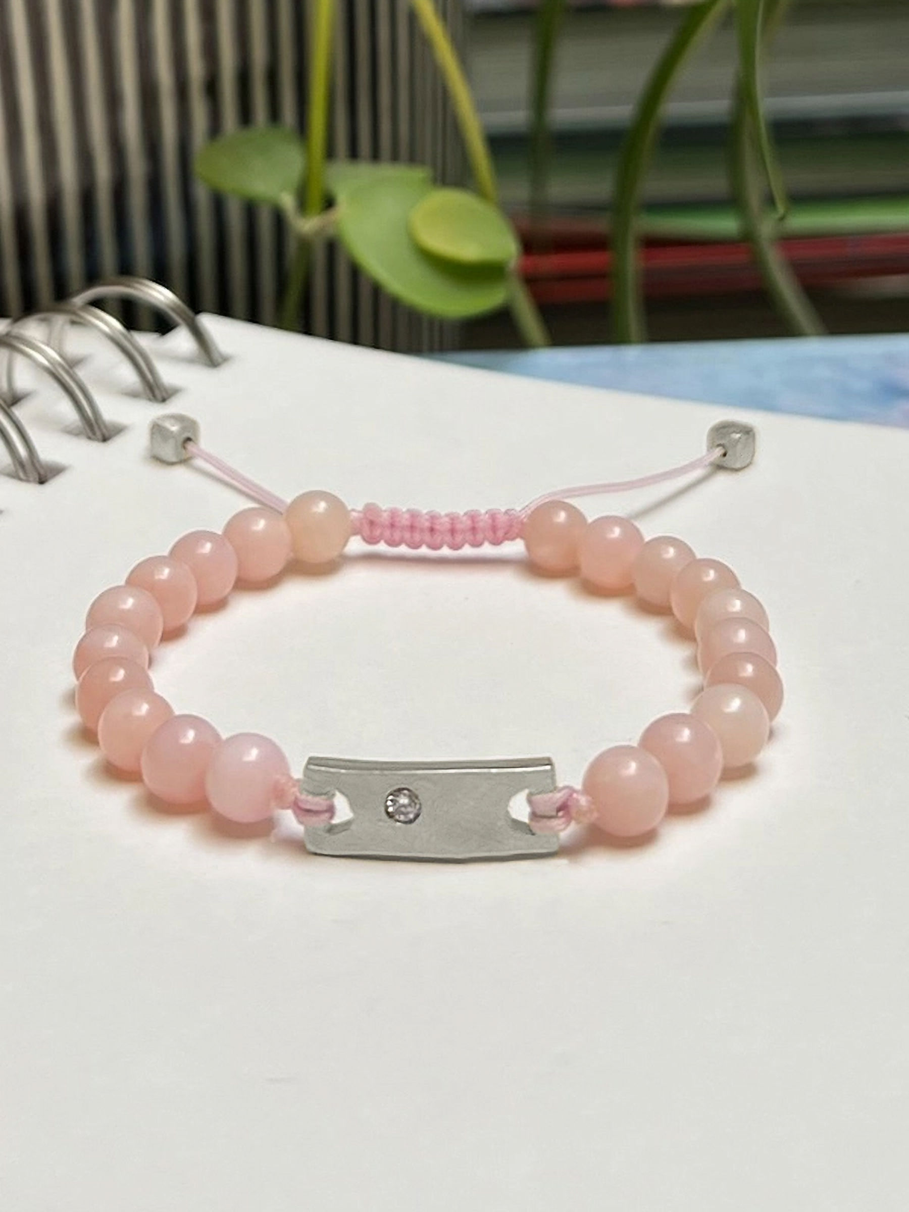 Silver & Diamond BAR, Silver BEAD & round Pink Opal GEM Bracelet