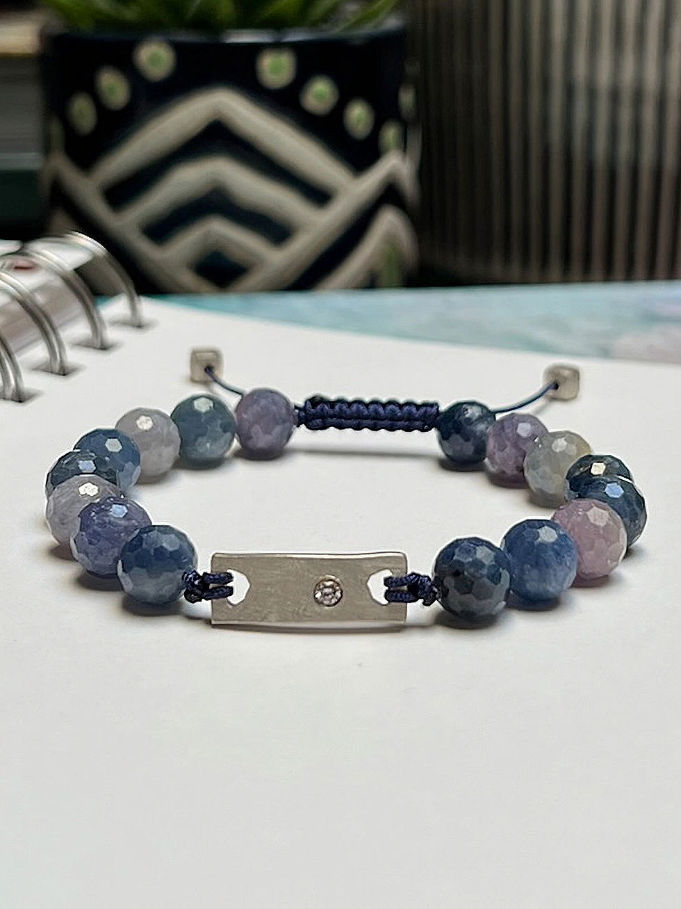 Beaded bracelet - the BAR: mini, 14K solid white gold, 1 diamond, the BEAD: 14K solid white gold, the GEM: sapphire