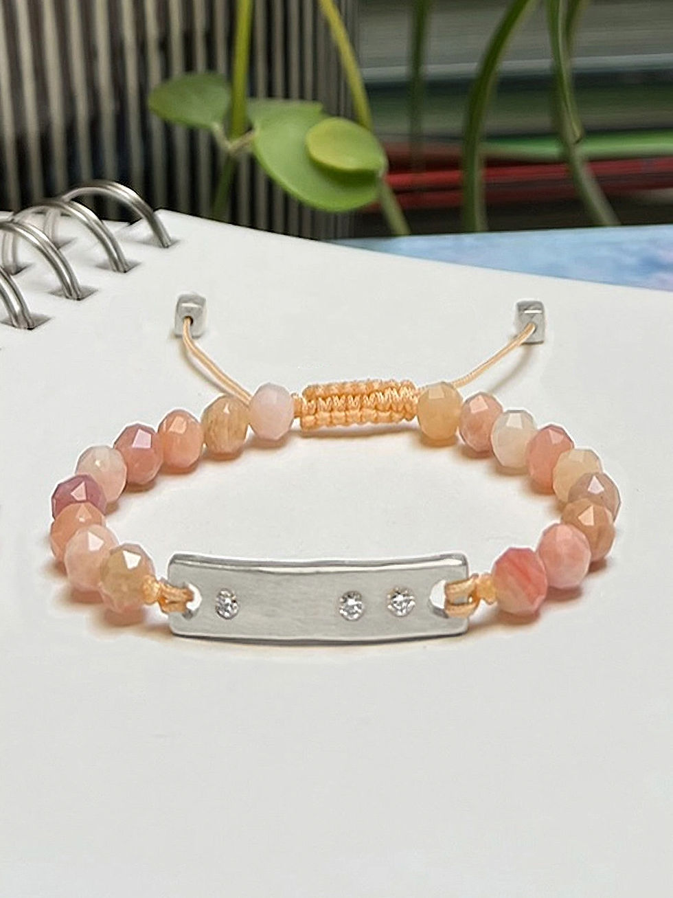 Thumbnail: BAR, BEAD & GEM Beaded Bracelet - maxi sterling silver & diamond BAR, BEADS & faceted Pink Opal GEM