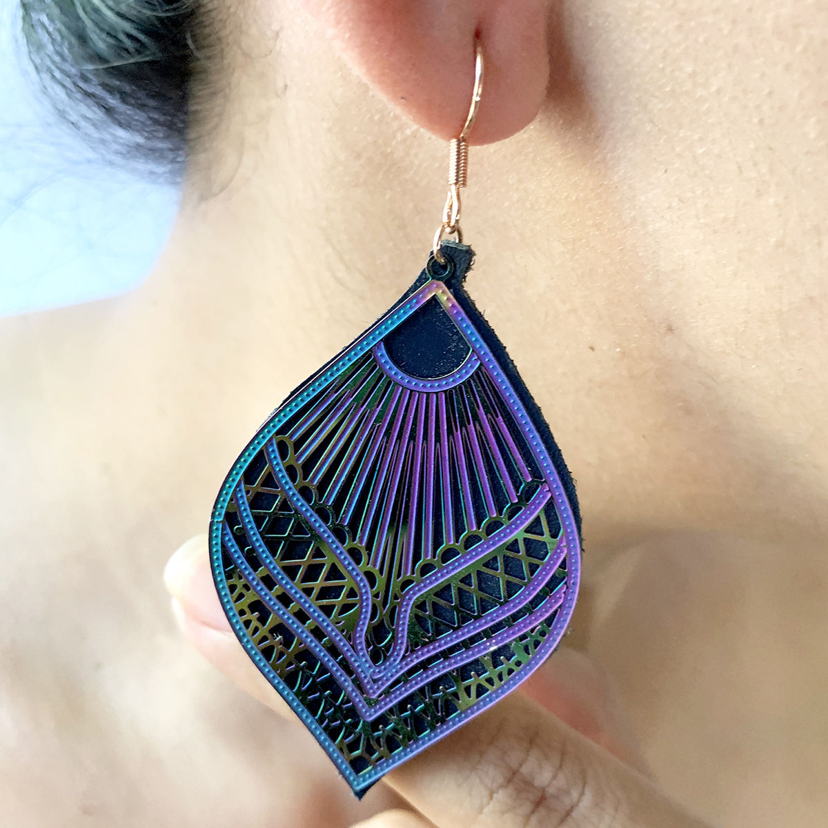 Blue Mandala Leather Earrings