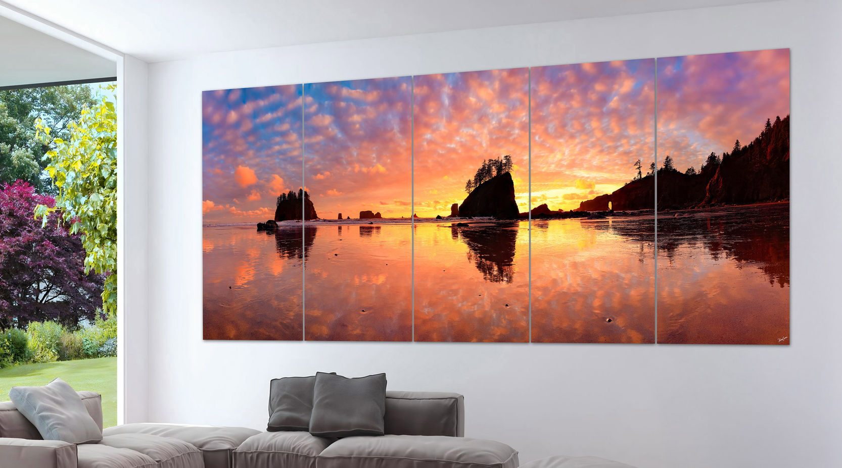 Multi-panel Sensational Second Beach Sunset wall art installed in residential living room