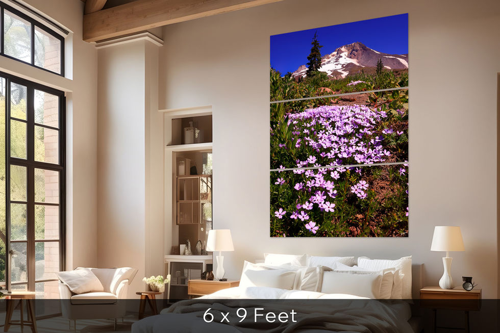 Large Three-panel standard view of purple flowers on Mount Hood in bedroom