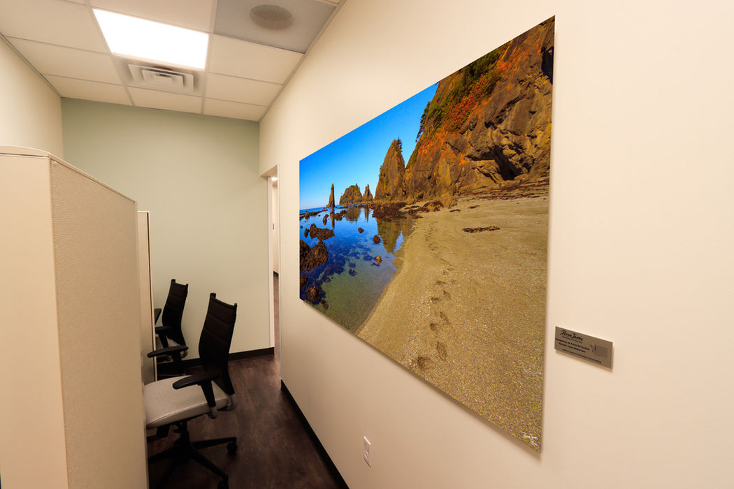 Shi Shi Beach coastal landscape photograph displayed in office setting