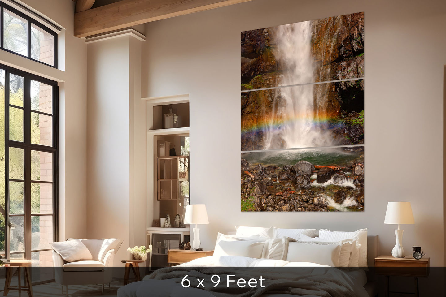 Large three-panel Rainbow Falls vertical print above bed