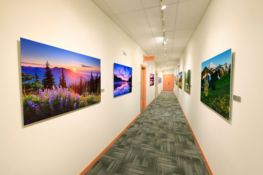 Orca Building hallway with landscape photography outside Peter James Gallery, Bellingham Washington