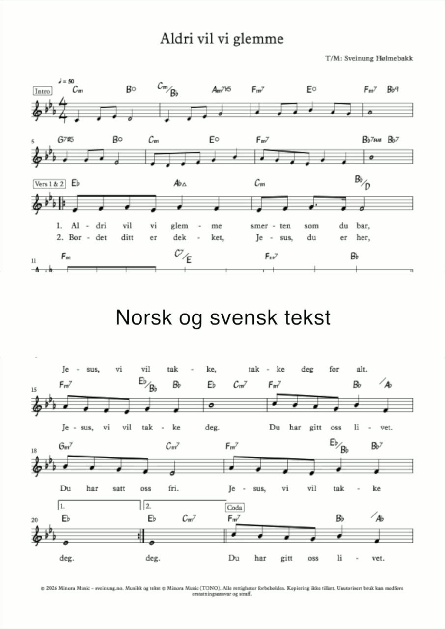 Miniatyrbilde: Aldri vil vi glemme - norsk & svensk tekst