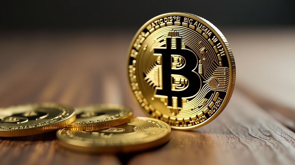 Close-up view of a Bitcoin coin on a wooden surface