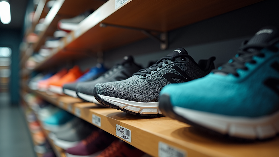 Eye-level view of a variety of Revox running shoes displayed on a shelf